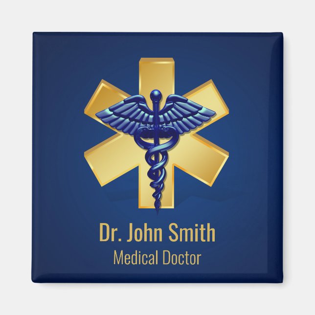 Blue Medical 3D Caduceus Gold Cross Magnet (Front)