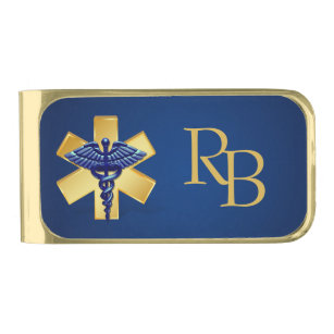 Blue Medical 3D Caduceus Gold Cross Monogram Gold Finish Money Clip