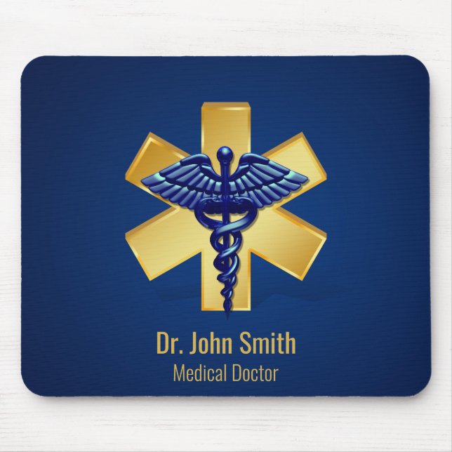 Blue Medical 3D Caduceus Gold Cross Mouse Pad (Front)