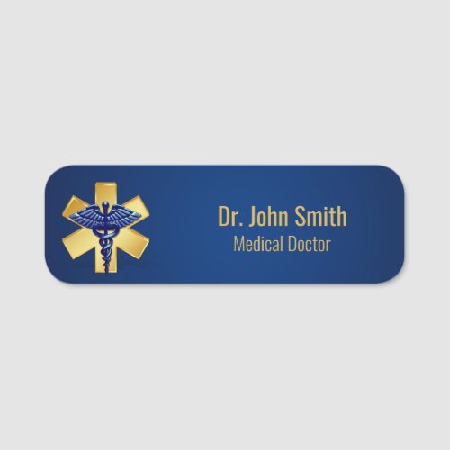 Blue Medical 3D Caduceus Gold Cross Name Tag