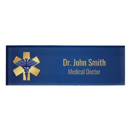 Blue Medical 3D Caduceus Gold Cross Name Tag