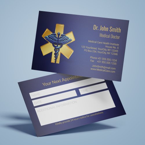 Blue Medical 3D Caduceus Gold Cross Reminder Appointment Card