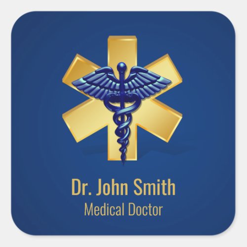 Blue Medical 3D Caduceus Gold Cross Square Sticker