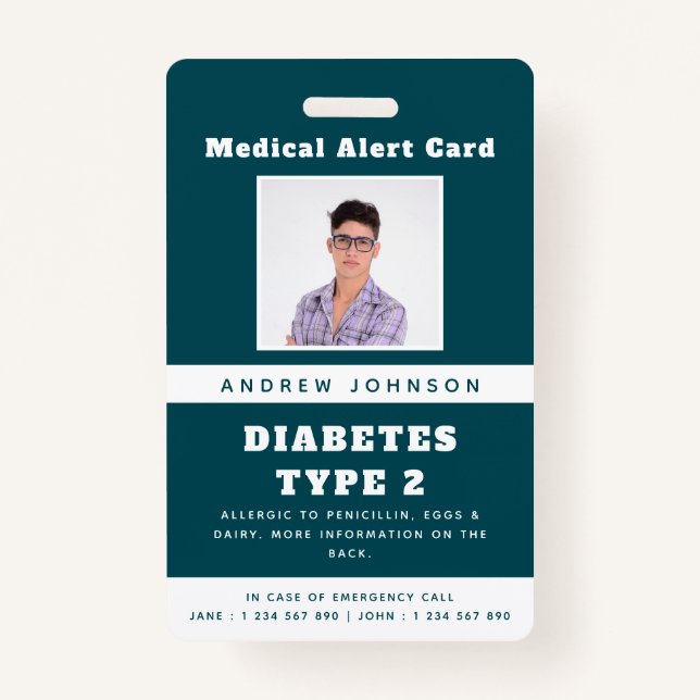 Blue Medical Alert Emergency ID Photo Adult Name B Badge (Front)