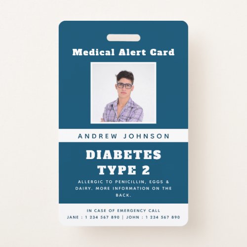 Blue Medical Alert Emergency ID Photo Adult Name Badge