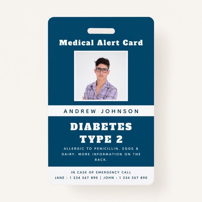 Blue Medical Alert Emergency ID Photo Adult Name Badge (Front)