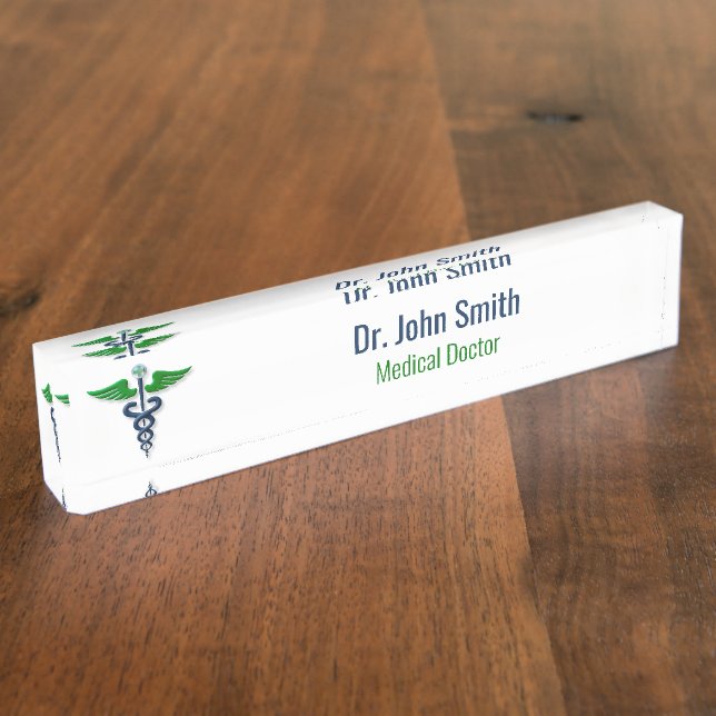 Blue Medical Caduceus Green Stylish Wings Cross Desk Name Plate (Side)