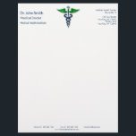 Blue Medical Caduceus Green Stylish Wings Cross Letterhead<br><div class="desc">A modern interpretation of the classic caduceus symbol with a metallic blue rod and snakes, green stylized wings and a round glass plate with a green cross symbol. This eye-catching and professional design is perfect for doctors, medical professionals, clinics or anyone working in healthcare. Customizable with your own name, title...</div>