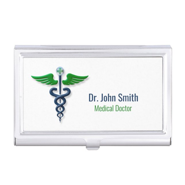 Blue Medical Caduceus Green Wings Cross Stylish Business Card Case (Front)