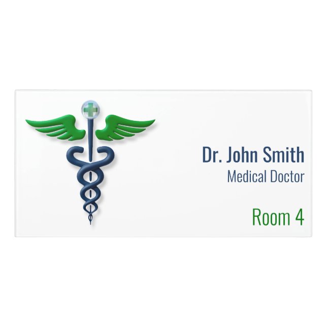 Blue Medical Caduceus Green Wings Stylish Cross Door Sign (Classic Front)