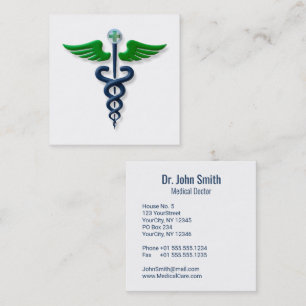 Blue Medical Caduceus Green Wings Stylish Cross Square Business Card