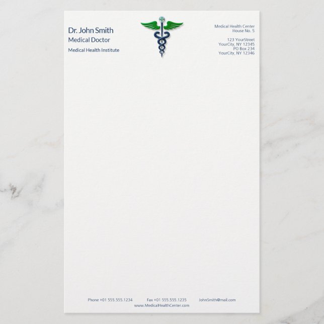 Blue Medical Caduceus Stylish Green Wings Cross Stationery (Front)
