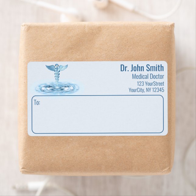 Blue Medical Hermes Rod Caduceus Water Ripples Label (Insitu)
