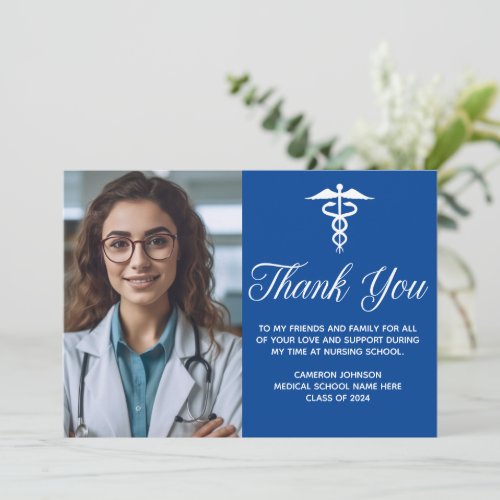 Blue Medical School Graduation Photo Custom Thank You Card