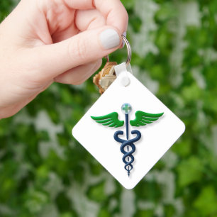 Blue Medical Stylish Caduceus Green Wings Cross Keychain