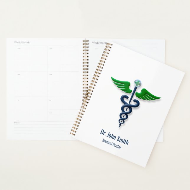 Blue Medical Stylish Caduceus Green Wings Cross Planner (Display)