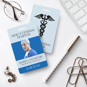 Blue Medical Surgeon Doctor Caduceus Hospital Badge by expressionsoccasions at Zazzle