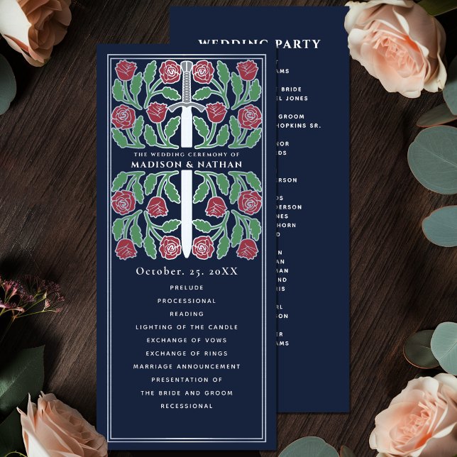 Blue Medieval Floral Silver Sword Royal Wedding Program (Creator Uploaded)
