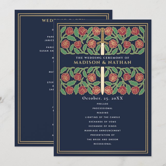 Blue Medieval Gold Floral Sword Royal Wedding Program (Front/Back)