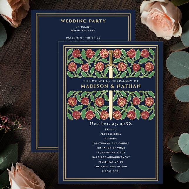 Blue Medieval Gold Floral Sword Royal Wedding Program (Creator Uploaded)