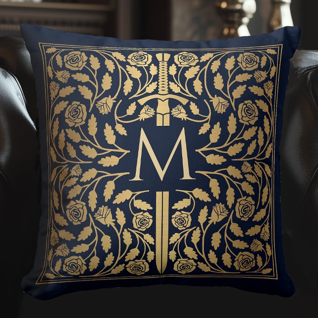 Blue Medieval Gold Sword Monogram Throw Pillow (Creator Uploaded)