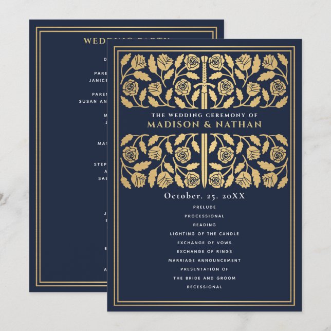Blue Medieval Gold Sword Royal Wedding Program (Front/Back)