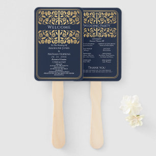 Blue Medieval Gold Sword Royal Wedding Program Hand Fan