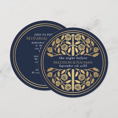 Blue Medieval Gold Sword Royal Wedding Rehearsal Invitation