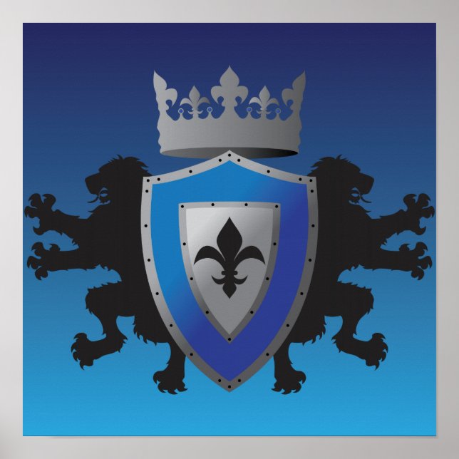 Blue Medieval Lion Heraldry Poster (Front)
