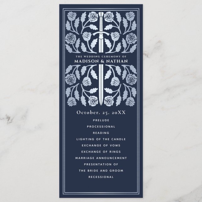 Blue Medieval Silver Sword Royal Wedding Program (Front)