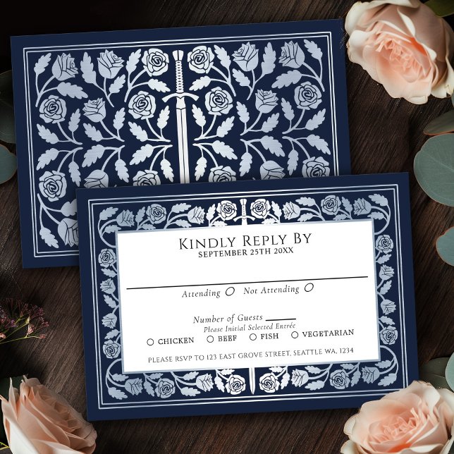 Blue Medieval Silver Sword Royal Wedding RSVP Card (Creator Uploaded)
