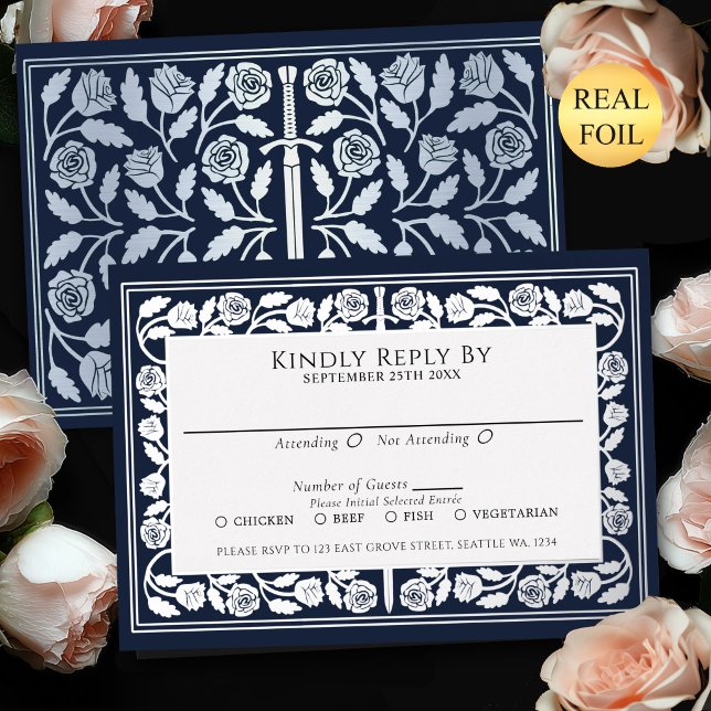 Blue Medieval Silver Sword Royal Wedding RSVP Foil Invitation (Creator Uploaded)