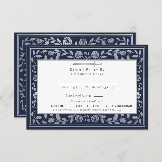 Blue Medieval Sword Wedding RSVP Enclosure Card (Front/Back)