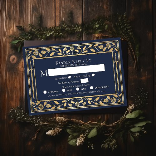Blue Medieval Sword Wedding RSVP Enclosure Card