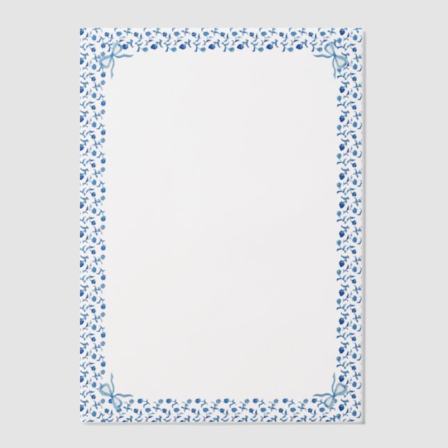 Blue Mediteranean Tile Garden Coquette Bow Wedding Vellum Invitations (Front)