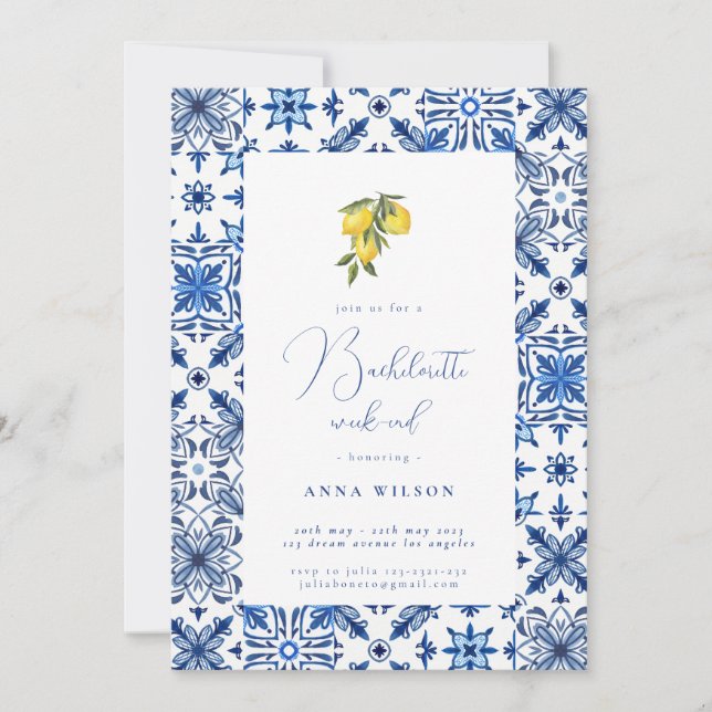 Blue Mediterranean Bachelorette Party  Invitation (Front)