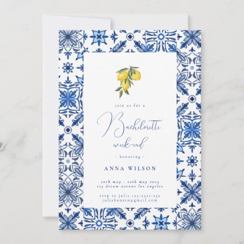 Blue Mediterranean Bachelorette Party  Invitation