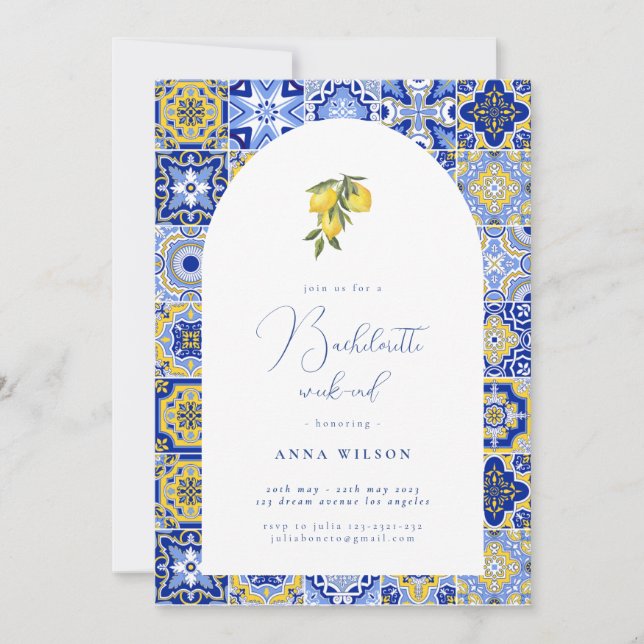 Blue Mediterranean Bachelorette Party  Invitation (Front)