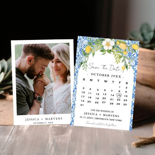 Blue Mediterranean Boho Lemon Italian calendar  Save The Date