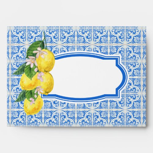 Blue Mediterranean Citrus Lemon Return Address Envelope