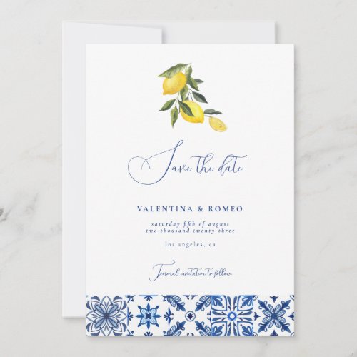 Blue Mediterranean citrus wedding save the date Invitation