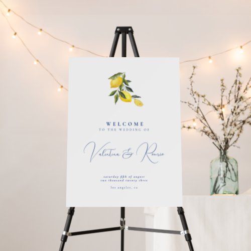 Blue Mediterranean citrus wedding welcome sign