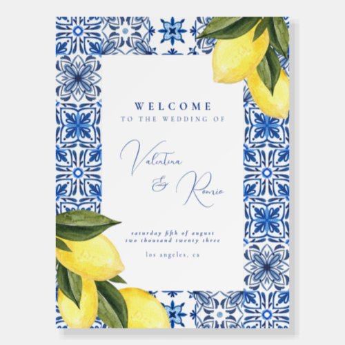 Blue Mediterranean citrus wedding welcome sign