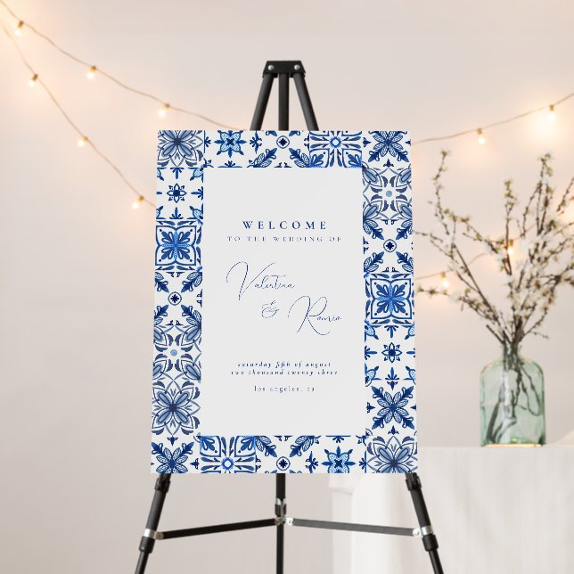 Blue Mediterranean citrus wedding welcome sign (In Situ (Stand))
