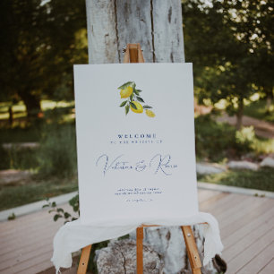 Blue Mediterranean citrus wedding welcome sign