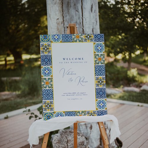 Blue Mediterranean citrus wedding welcome sign