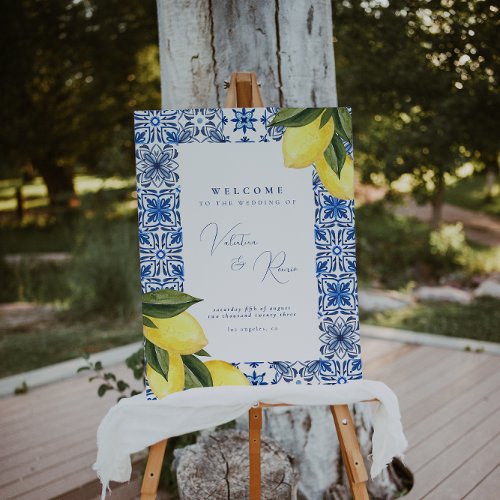 Blue Mediterranean citrus wedding welcome sign