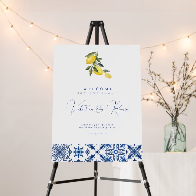 Blue Mediterranean citrus wedding welcome sign (In Situ (Stand))