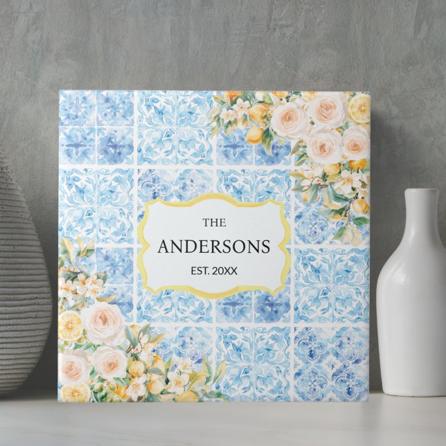 Blue Mediterranean Flower Lemon Custom Family Name Ceramic Tile (Creator Uploaded)