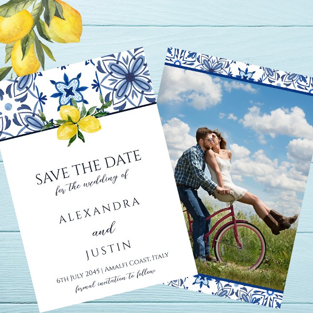 Blue Mediterranean Italian Save the Date Photo Invitation (Creator Uploaded)